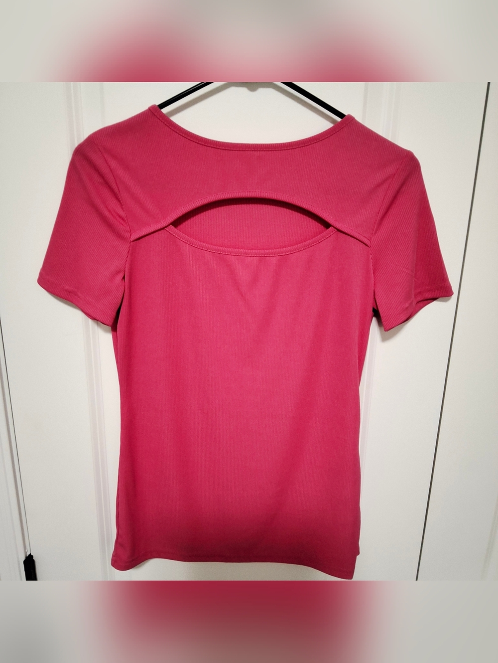 SHEIN Women's Round Neck Short Sleeve Hollow Out Slim Fit Top Hot Pink